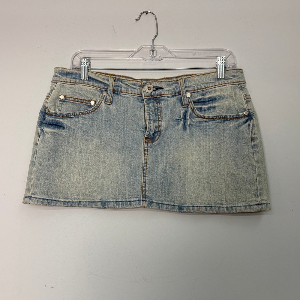 Vanilla Star Light Wash Denim Mini Skirt Beaded Back Pocket Y2K Low Rise Size 11
